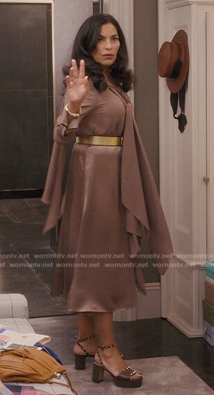 Seema's taupe blouse and skirt with studded heels and bag on And Just Like That