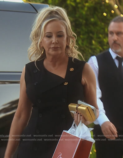 Shannon's black button embellished sleeveless dress on The Real Housewives of Orange County