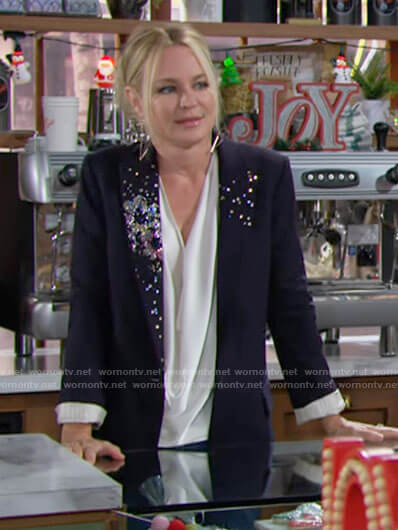 Sharon's blazer with floral embellished lapel on The Young and the Restless