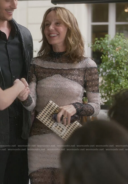 Sylvie's colorblock lace dress on Emily in Paris