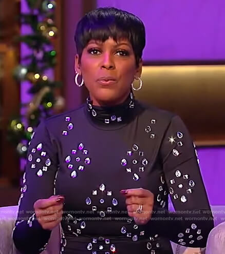 Tamron's black jewel embellished dress on Tamron Hall Show