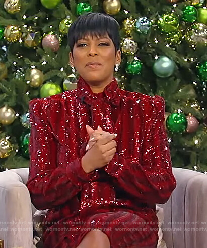 Tamron's red sequin stripe dress on Tamron Hall Show