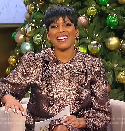 Tamron's metallic ruffle mini dress on Tamron Hall Show