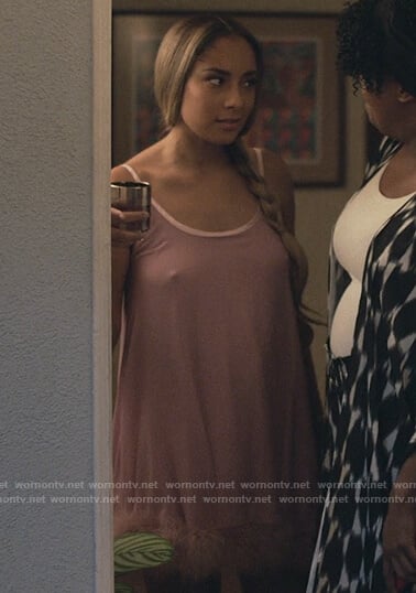 Tiffany's pink fur trim mini dress on Insecure