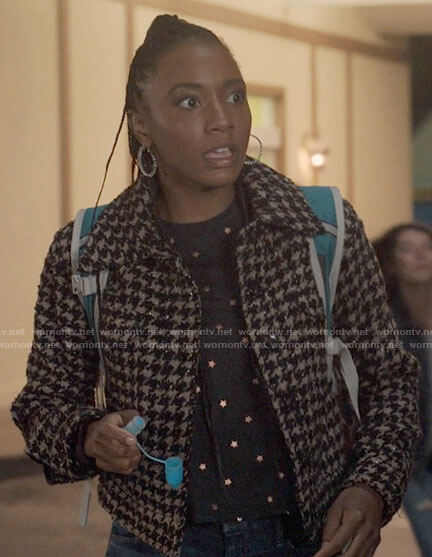Whitney's houndstooth jacket on The Sex Lives of College Girls