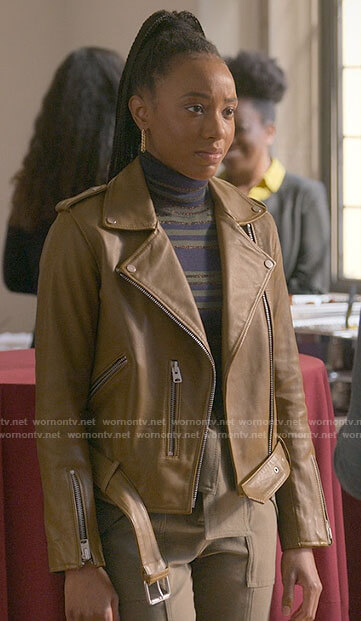 Whitney's navy striped turtleneck and leather jacket on The Sex Lives of College Girls