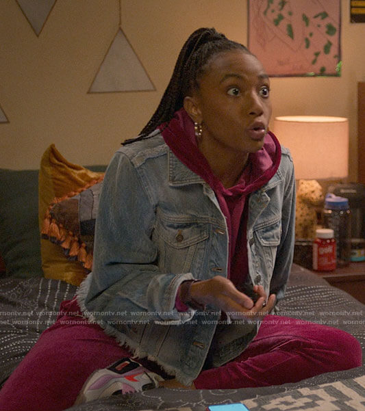 Whitney's pink velour hoodie and sweatpants on The Sex Lives of College Girls