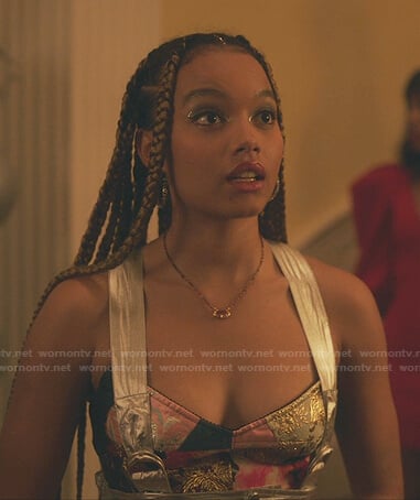 Zoya's patchwork top and metallic overalls on Gossip Girl
