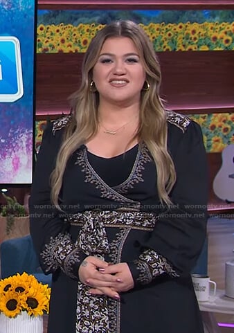 Kelly's black embroidered wrap dress on The Kelly Clarkson Show