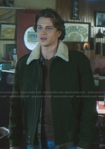 Ace's green shearling collar jacket on Nancy Drew
