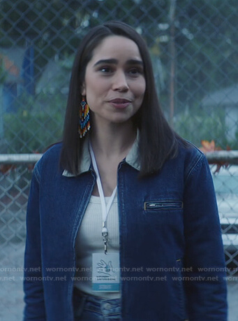 Addy's denim zip jacket with corduroy collar on Nancy Drew