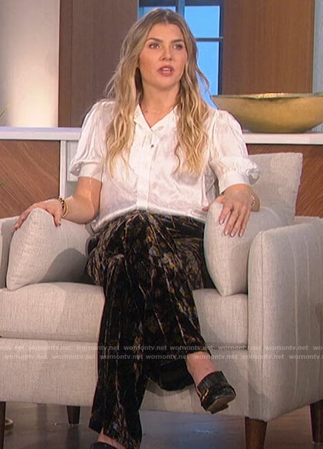 Amanda's white short sleeve blouse and velvet pants on The Talk