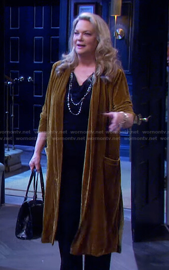 Anna's yellow velvet duster jacket on Days of our Lives