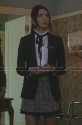 Bess's white ruffle tie neck blouse and tweed skirt on Nancy Drew