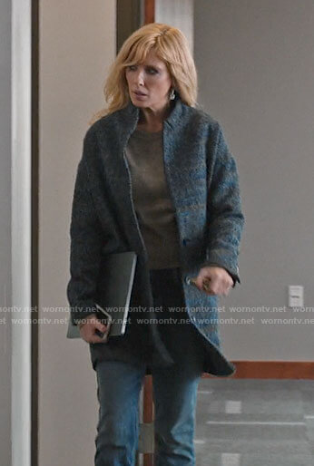 Beth's blue tweed coat on Yellowstone