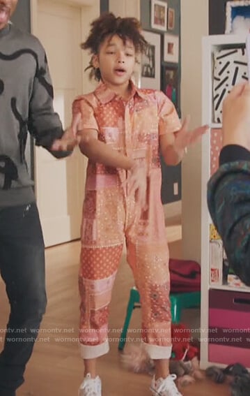 Bridget's coral bandana print jumpsuit on Kenan