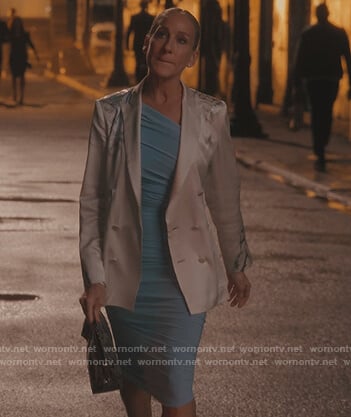 Carrie's blue ruched one shoulder dress on And Just Like That