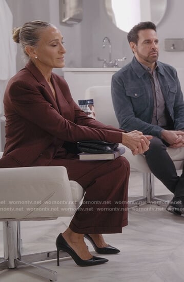 Carrie's burgundy stripe blazer on And Just Like That
