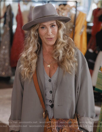 Carrie's gray fedora hat on And Just Like That