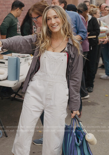 Carrie's white denim overalls on And Just Like That