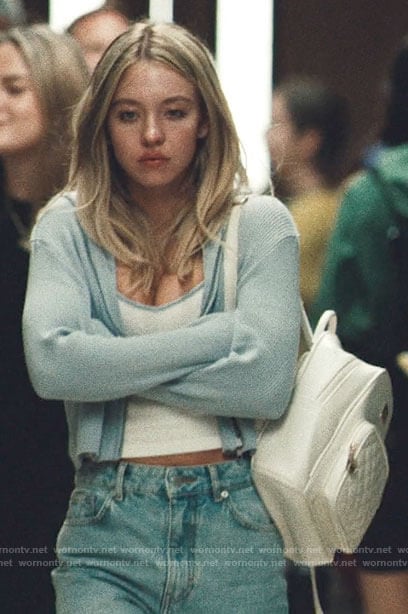 Cassie's white cami and blue zip sweater on Euphoria
