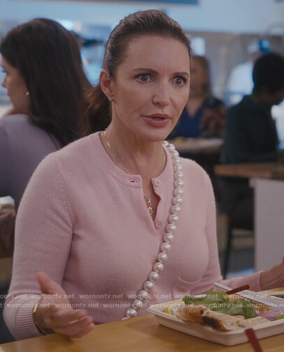 Charlotte's pink cardigan and printed skirt on And Just Like That