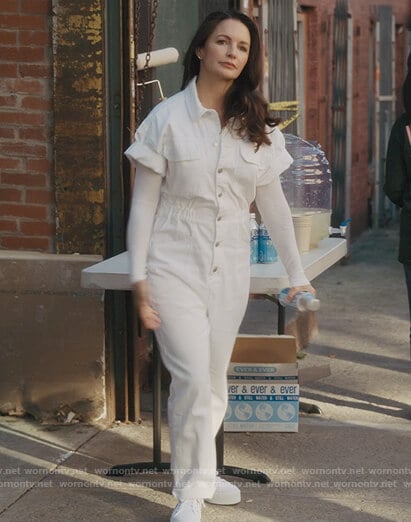 Charlotte's white denim overalls on And Just Like That