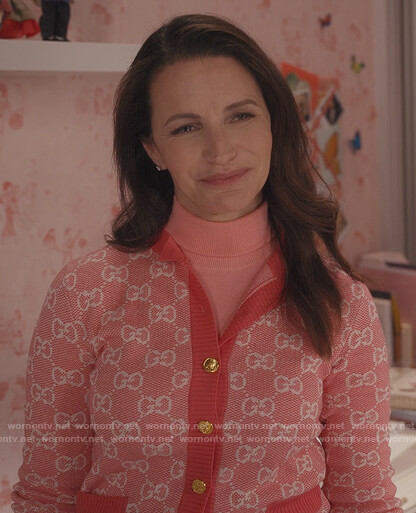 Charlotte's pink Gucci logo cardigan on And Just Like That