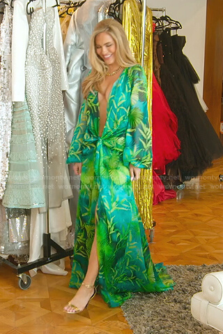 Chrishell's green leaf print gown on Selling Sunset