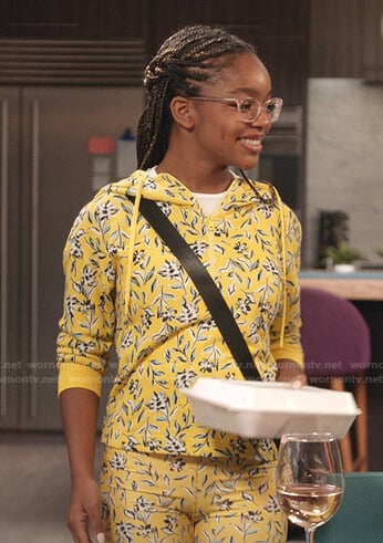 Diane's yellow floral hoodie and biker shorts on Black-ish