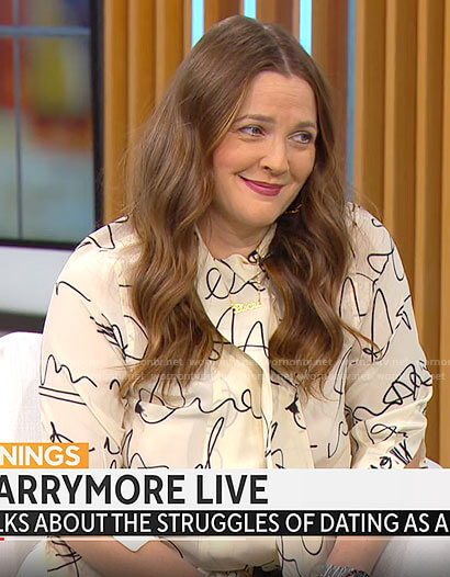 Drew Barrymore's cream scribble print blouse and skirt set on CBS Mornings