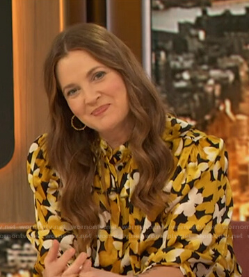 Drew Barrymore's yellow butterfly print blouse on The Talk