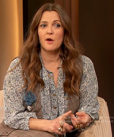Drew's floral print blouse and plaid vest on The Drew Barrymore Show