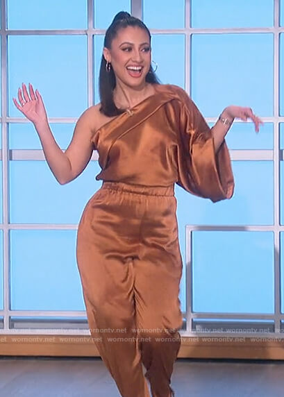 Francia Raisa's bronze satin off shoulder top on The Talk