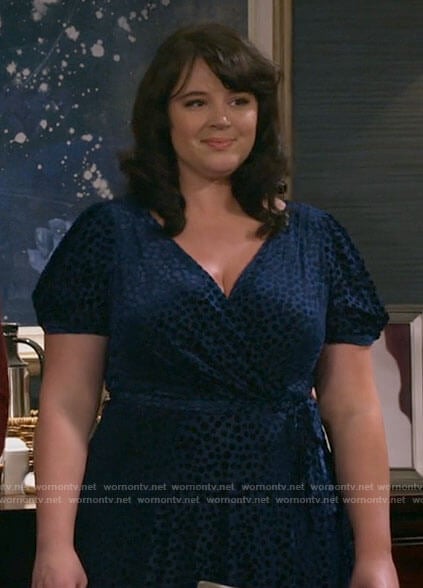 Gabby's blue velvet dotted wrap dress on B Positive