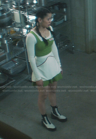 George's white colorblock ankle boots on Nancy Drew