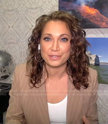 Ginger Zee's beige pinstripe blazer on Live with Kelly and Ryan