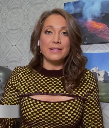 Ginger Zee's yellow and brown checkered cutout sweater on The View