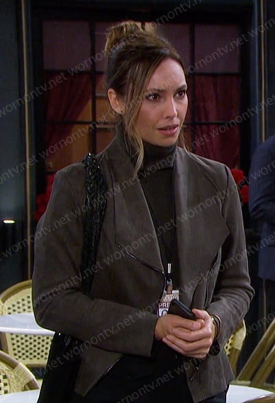 Gwen's grey draped suede jacket on Days of our Lives