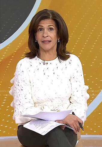 Hoda's white cable knit ruffle sweater on Today