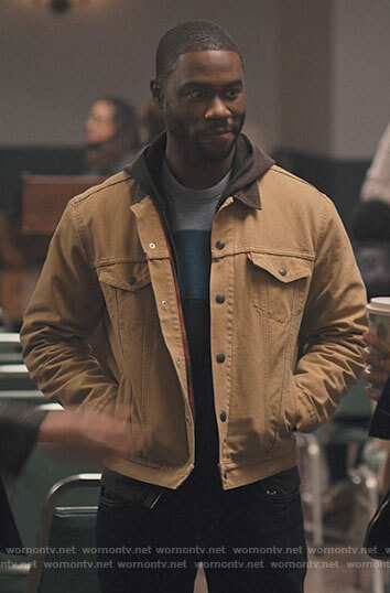 James's tan denim jacket with corduroy collar on Single Drunk Female