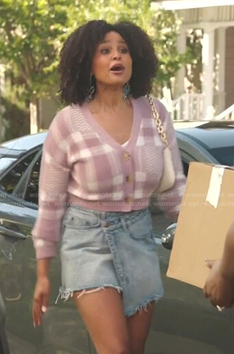 Janay’s pink check cardigan and wrap denim skirt on Kenan