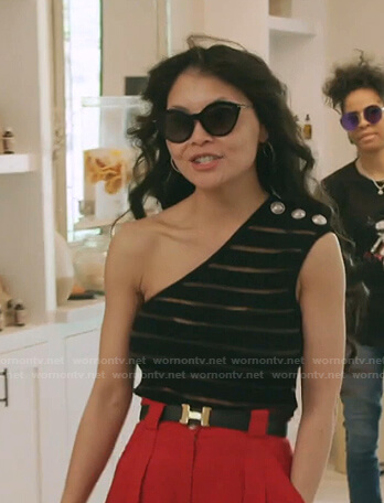 Jennie's black striped one-shoulder top on The Real Housewives of Salt Lake City