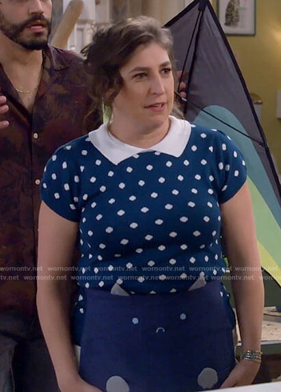 Kat's blue collared polka dot knit top on Call Me Kat