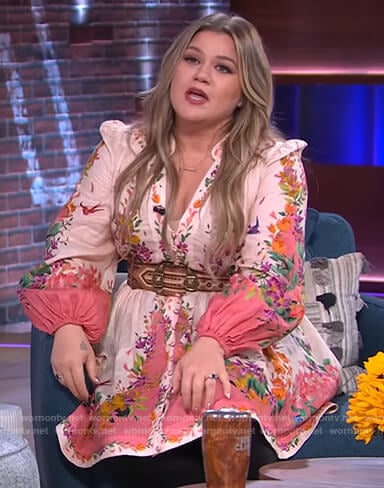 Kelly's pink floral print mini dress on The Kelly Clarkson Show