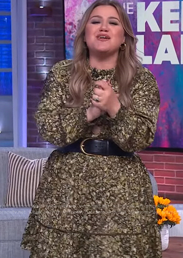 Kelly's green floral print mini dress on The Kelly Clarkson Show
