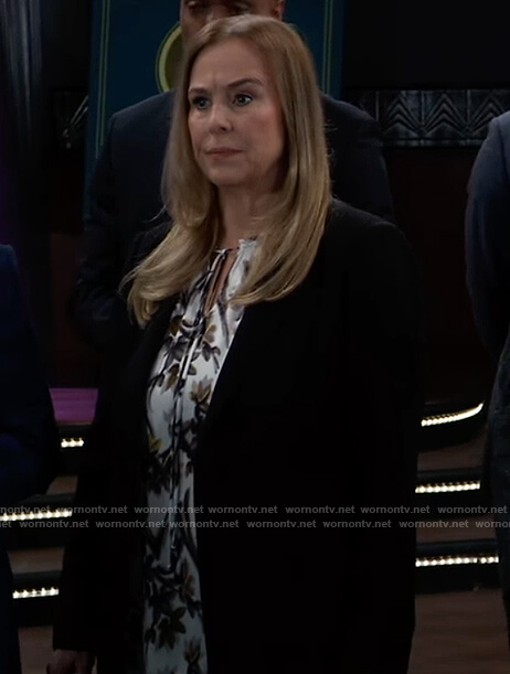 Laura's white floral print tie neck blouse on General Hospital