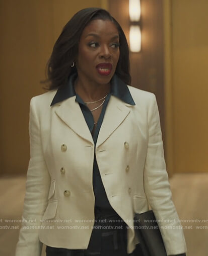 Leah's white double breasted blazer on Our Kind of People