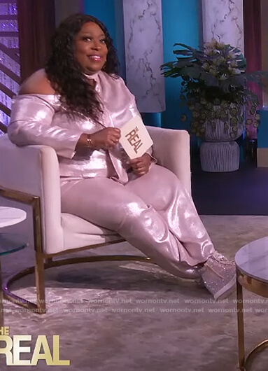 Loni's satin cold shoulder top and pants on The Real