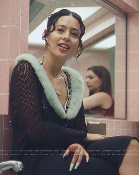 Maddy's cowl neck crop top and fur collar cardigan on Euphoria